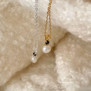 925 sterling silver pearl necklace with black diamond accent in gold and silver options