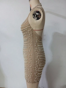 Detail of elegant mesh dress featuring intricate white pearls and sparkling rhinestone patterns