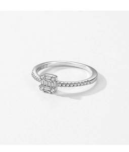 Macro detail of S925 sterling silver stamp on a minimalist square cluster ring band