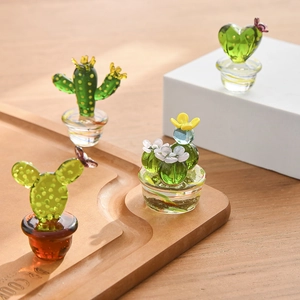 Miniature Glass Cactus Figurine Hand Blown Decorative Desktop Ornament Cute Plant Animal Statues Home Decor