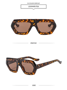 Detailansicht der klobigen quadratischen Sonnenbrille mit Leopardenmuster und Teegläsern