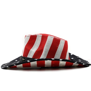 Detail of western straw hat featuring USA flag patterns and leather band with star studs
