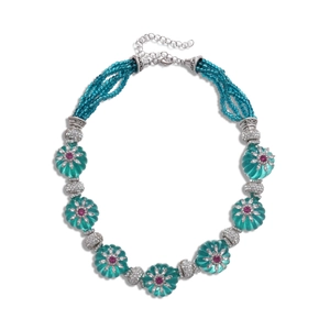 Vintage multi-layer peacock green beaded necklace with rhinestone flower accents