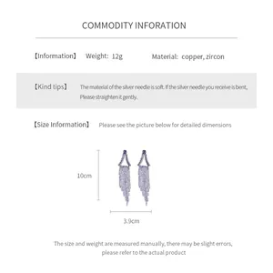 Size chart showing long geometric tassel earrings with zircon inlays and silver pins