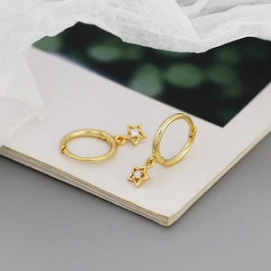 Macro view of gold-plated star drop earrings with sparkling center zirconia stone
