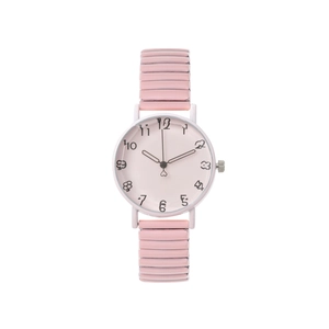 Stylish light pink quartz watch with elastic strap and artistic hand-drawn numerals