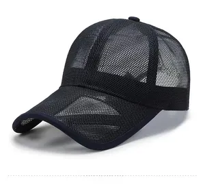 Side view of a navy blue breathable mesh baseball cap for summer sun protection