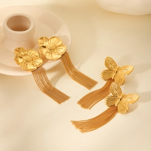Golden sunflower and butterfly tassel earrings with long metallic chains in a luxury style
