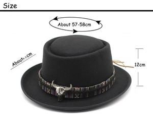 Size diagram of black wool felt hat with ethnic band and silver bull head charm