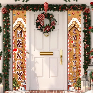 Merry Christmas snowman door banners with ginger yellow background and holiday elements