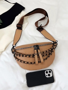 Khaki crocodile texture fanny pack with black chain and brown wide shoulder strap