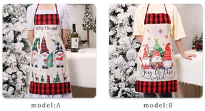 Detail of Christmas burlap aprons with festive patterns and red-black plaid edging