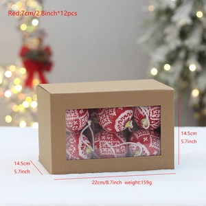 Detail showing 12-piece red knitted Christmas balls with size and weight specifications