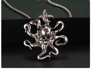 Detailed macro view of silver punk octopus skull pendant with intricate metal tentacles