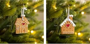 Gingerbread house Christmas tree ornaments with cream detailing and red heart accents
