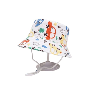 Kids cotton bucket hat with colorful car print and adjustable windproof strap on white background