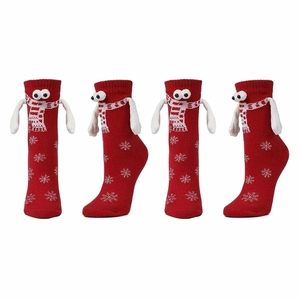 Red Christmas socks with 3D snowman character, snowflakes, and magnetic holding hands