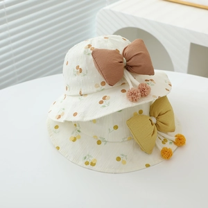 Baby Girls Bucket Hat Cotton Blend Sun Protection Summer Fruit Print Large Bow Breathable Fisherman Cap Sweet Style
