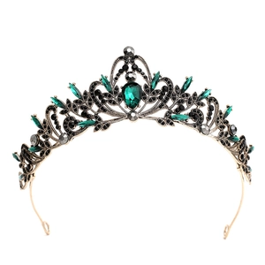 Baroque retro black luxury bridal tiara with green crystals and bronze metal