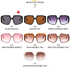 Matrix display of seven trendy oversized square sunglasses in assorted frame and lens colors