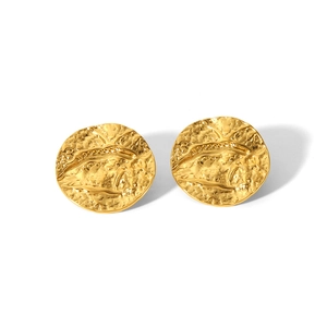 Close-up of gold-plated stainless steel earrings with textured wrinkled surface design