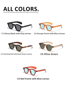 Detailed multi-color display of vintage round sunglasses with retro rivet accents