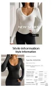 Detailed chart showing V-neck knit top material specs with 92% Viscose and 8% Elastane fabric