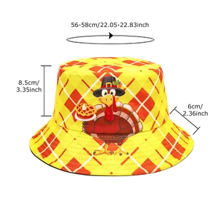 Yellow checkered bucket hat with turkey print featuring size guide and dimensions