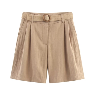 Khaki high-waisted cotton linen Bermuda shorts with woven belt and round buckle on white background
