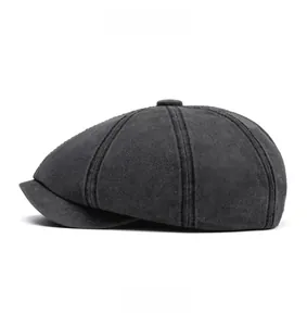 Side view of washed cotton newsboy cap showing detailed vintage texture and shape