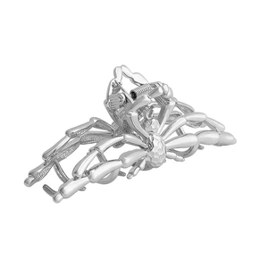 Silver spider metal hair claw clip with hammered texture on white background