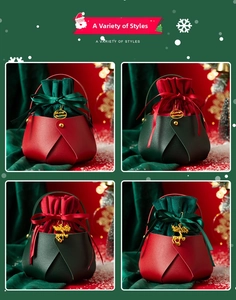 Macro detail of PU leather Christmas gift bags with velvet drawstring and metal charms