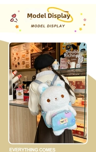 Detail of cute white plush bear backpack with light blue patterned zipper pocket