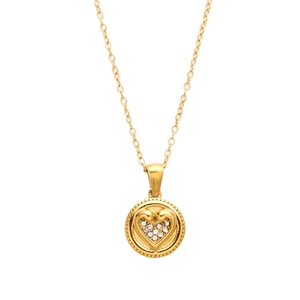Elegant gold stainless steel necklace with sparkling heart coin pendant and crystals