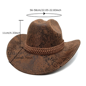 Brown western cowboy hat with snake pattern texture and product dimensions labels