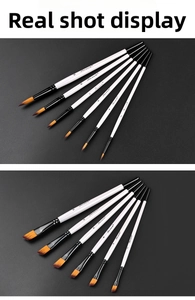 Détail du set de 6 pinceaux en nylon avec pointes rondes et plates et manches blancs