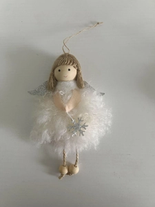 Detail of plush angel Christmas tree ornament with wooden beads and silver wings