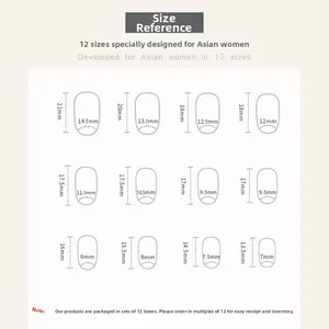 Size reference chart for short oval press-on nails showing 12 different mm measurements