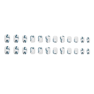 Short round square press-on nails with blue and white marble wave patterns, 24 piece set