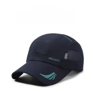 Detail of navy blue quick-dry baseball cap featuring breathable mesh and side logo