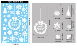 Dimensions détaillées des stickers de Noël BQ423 avec différentes tailles de flocons