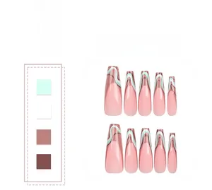Detail of nude pink press-on nails with mint green and brown wavy marble patterns