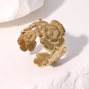 Retro 18K gold plated flower open ring with brushed texture on white mineral stone