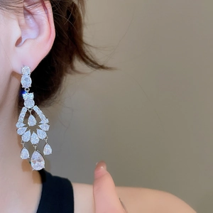 Close-up of silver water drop tassel earrings with sparkling cubic zirconia on model