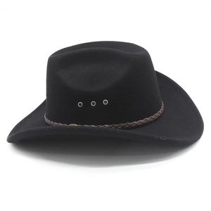 Detail of black felt cowboy hat with braided brown band and metal ventilation eyelets