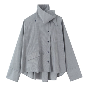 Chemisier Femme Motif Pied De Poule Manches Longues Patte Asymétrique Poche Ourlet Irrégulier Gris Mode Polyester