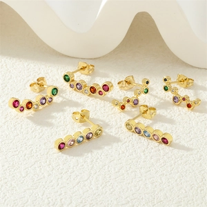 Elegant gold earrings set with multicolored cubic zirconia in various geometric designs