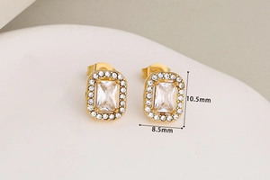Detailed view of gold rectangle stud earrings with clear crystal stones measuring 8.5x10.5mm