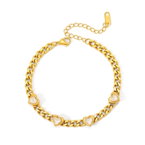 Gold-plated stainless steel bracelet featuring four heart-shaped cubic zirconia stones