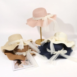 Women's wide brim straw sun hat with pearls and lace mesh bow in beige and multiple colors